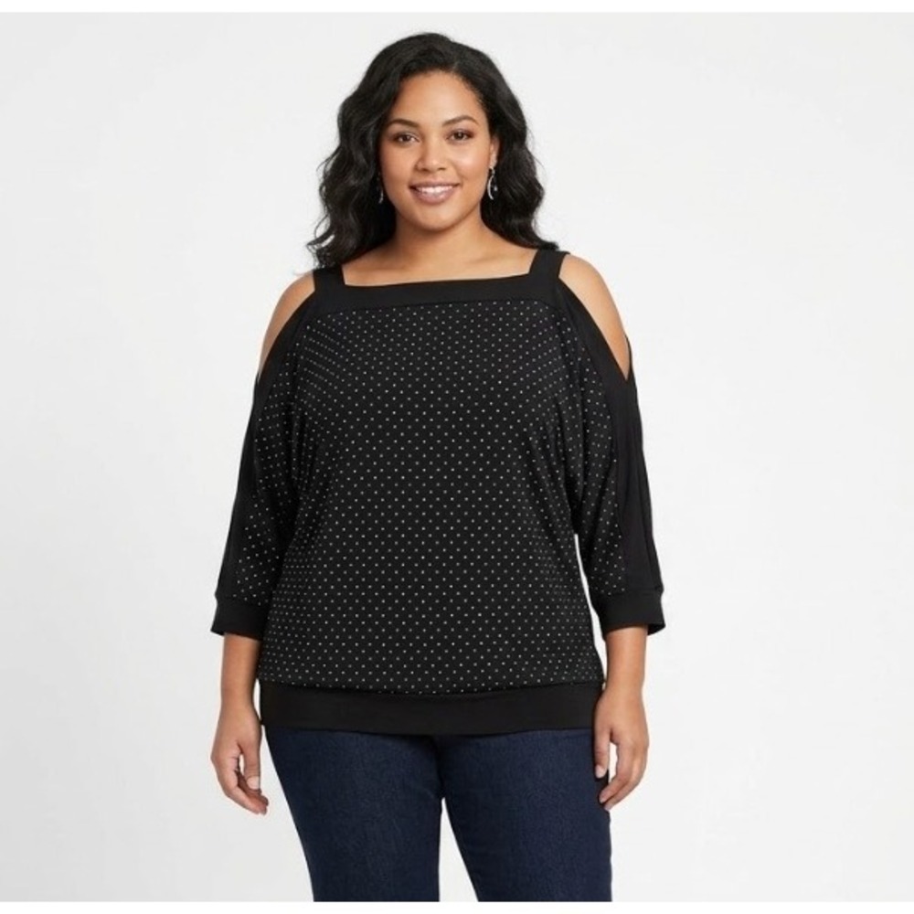 Chico's Travelers size‎ XL/3 Black Polka Dot Stretch Knit Cut Out Sleeve Top